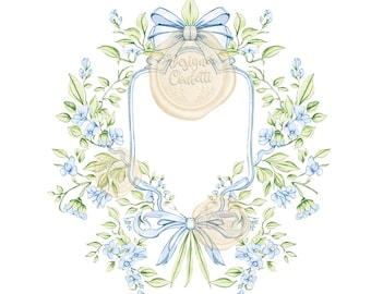May include: Watercolor illustration of a floral frame with a light blue ribbon and flowers. The frame has a light beige wax seal with the text "Designa Confetti". The design is surrounded by green leaves and blue flowers.