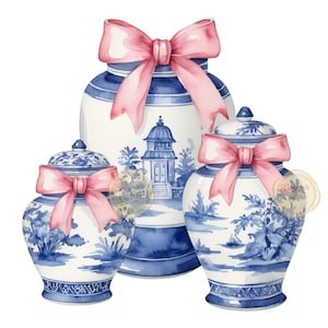 Aquarel roze en blauwe gemberpotten, clipart, preppy, Grand Millennial, chinoiserie, Clip Art PNG, commercieel gebruik