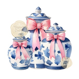 Watercolor Pink and Blue Ginger Jars, Clipart, Preppy, Grand Millennial, Chinoiserie, Clip Art PNG, Commercial Use