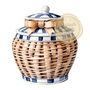 Watercolor Basket Ginger Jar, Clipart, Bows, Preppy, Grand Millennial, Coastal Grandma, Digital File, Clip Art PNG, Commercial Use