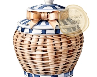 Watercolor Basket Ginger Jar, Clipart, Bows, Preppy, Grand Millennial, Coastal Grandma, Digital File, Clip Art PNG, Commercial Use