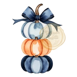Aquarell gestapelt Kürbis Clipart, Schleife, Herbst, Herbst, Preppy, Grand Millennial, Halloween, Blau, Orange, Clip Art PNG-Datei, kommerzielle Nutzung