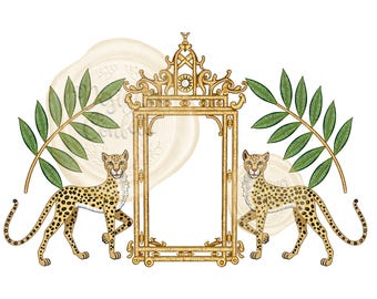 Aquarelle chinoiserie cadre pagode léopard, Clipart, sublimation, BCBG, cadre monogramme, Art japonais, usage commercial, PNG, bricolage, palmier