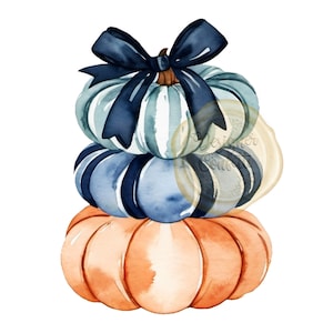 Aquarell gestapelt Kürbis Clipart, Schleife, Herbst, Herbst, Preppy, Grand Millennial, Halloween, Blau, Orange, Clip Art PNG-Datei, kommerzielle Nutzung