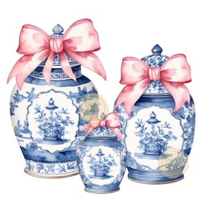 Watercolor Pink and Blue Ginger Jars, Clipart, Preppy, Grand Millennial, Chinoiserie, Clip Art PNG, Commercial Use