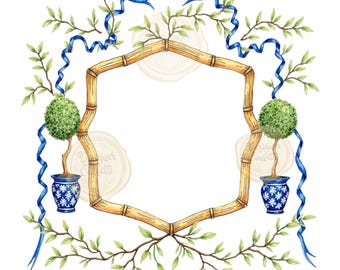 May include: Watercolor illustration of a bamboo frame with a central open space. The frame is adorned with green foliage, blue ribbons, and two topiary trees in blue and white patterned pots. The design has a classic, elegant feel.