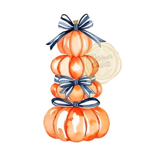 Aquarell gestapelt Kürbis Clipart, Schleife, Herbst, Herbst, Preppy, Grand Millennial, Halloween, Blau, Orange, Clip Art PNG-Datei, kommerzielle Nutzung
