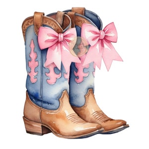 Botas vaqueras rosas y azules en acuarela, clipart, estilo preppy, lazos, vaquero, rodeo, western, femenino, clip art PNG de moda, uso comercial
