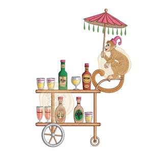 Wózek barowy z akwarelą Monkey Bar, butelki i parasol, Clipart, Sublimacja, Preppy, DIY, Wykorzystanie komercyjne, PNG, Plik cyfrowy
