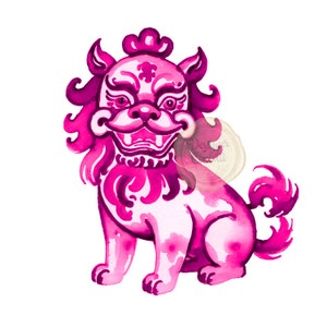 Acquerello Foo Dog, Clipart di cane rosa preppy, Chinoiserie, Preppy, Grand Millennial, Clip Art PNG, Uso commerciale