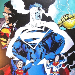May include: Comic book art featuring multiple depictions of Superman. The central figure is a blue and white Superman with a large "S" emblem. Other versions include Superman in flight and Clark Kent in a suit. The Daily Planet globe is also visible.