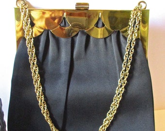 H L U.S.A Black Evening Handbag Black Satin Goldtone Metal
