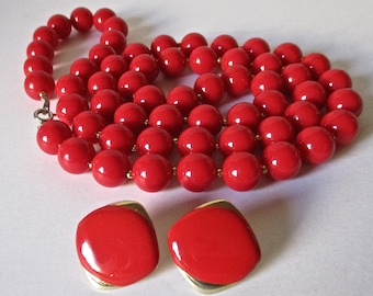 Vintage Red Beaded Necklace and Earring Set 1960s