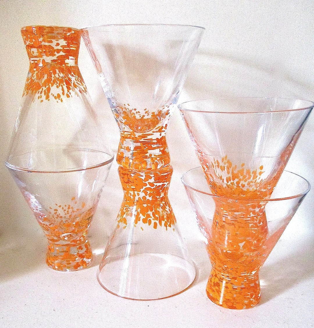 Mid Century Hand Blown Cocktail Glasses Clear With Orange Dots Etsy