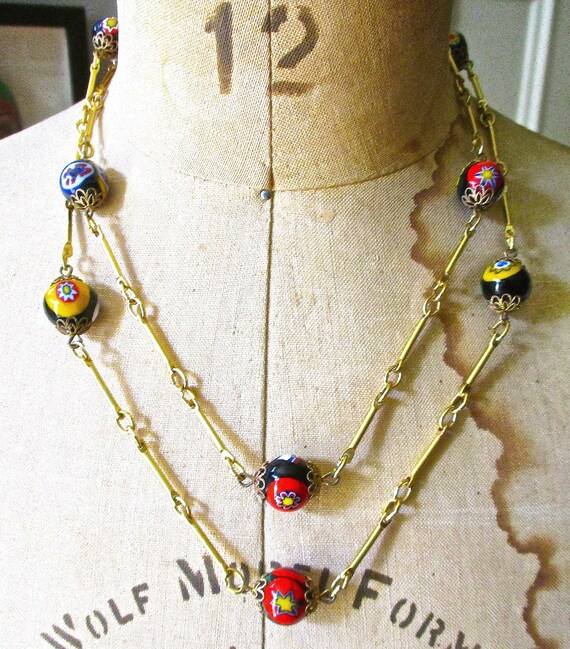 1950s Venetian Murano Multi Color Beaded Necklace Millefiori Glass