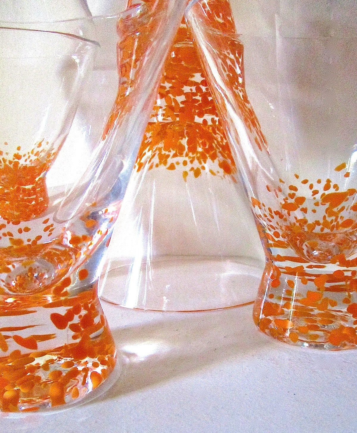 Mid Century Hand Blown Cocktail Glasses Clear With Orange Dots Etsy