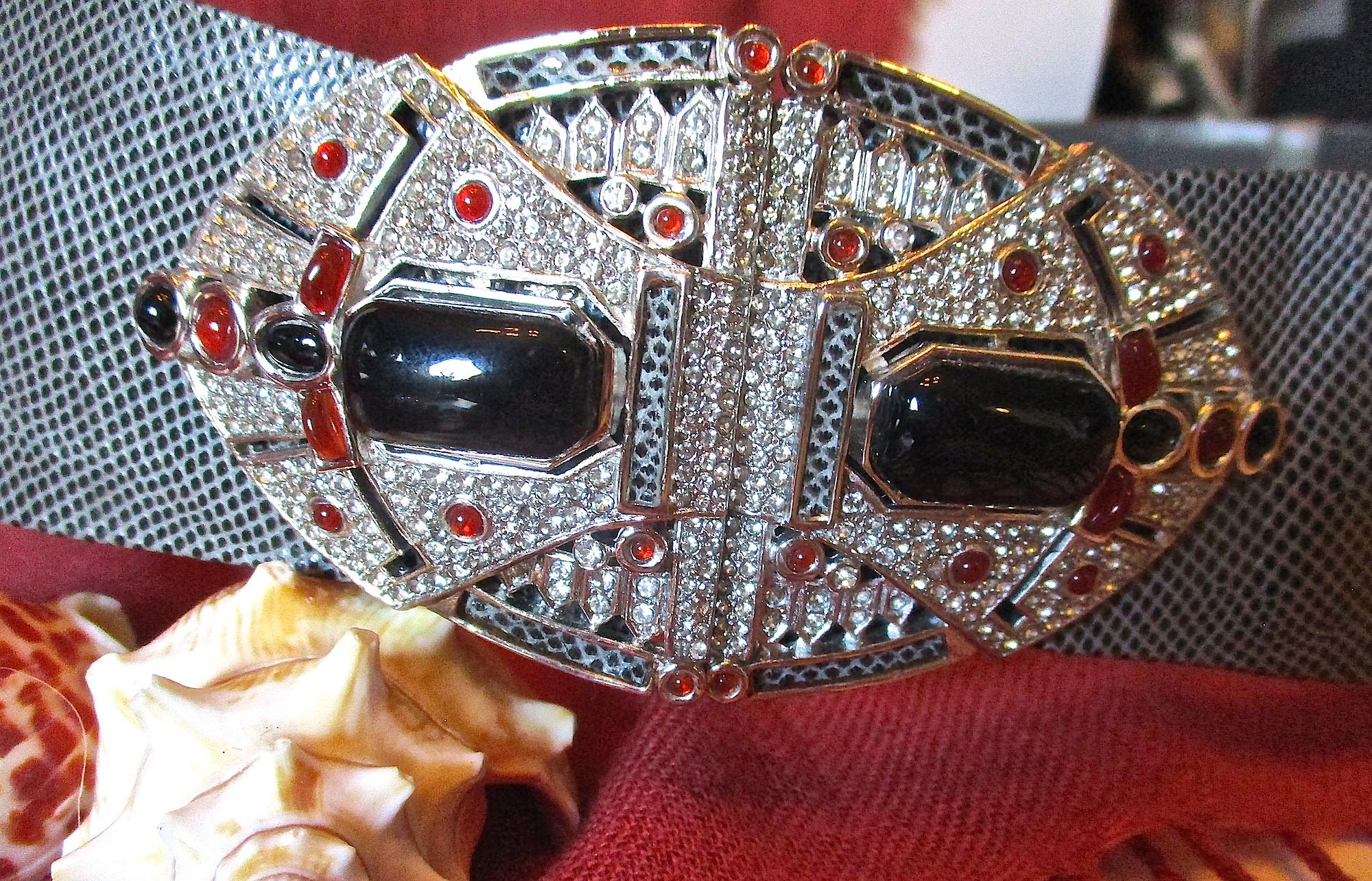 Vintage Judith Leiber Black Lizard Belt Multicolor Gemstone Cabochon Skinny Vintage Judith Leiber Black Lizard Gold Gemstone Top Clutch  main image 2