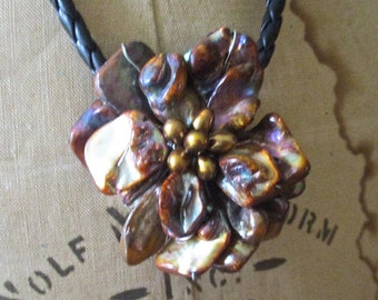 Mother of Pearl Pendant on Leather Braided Cord 1980s