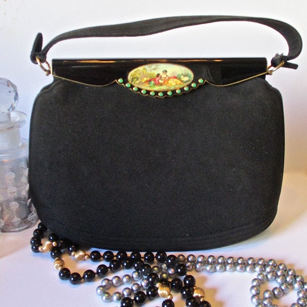 Nettie Rosenstein Black Suede Evening Purse 1940s