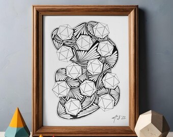 Bloomin’ Dice – Black and White Zentangle D20 Art Print - Fantasy Illustration