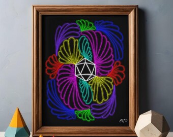 A Neon Roll – D20 Dice Art Print – Neon Zentangle Fantasy Illustration