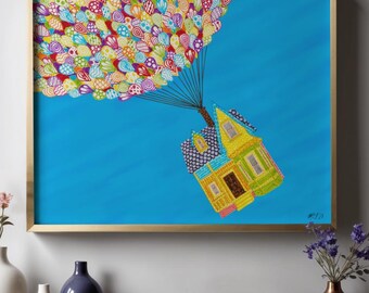 Tangled Balloon Adventure – Geeky Whimsical Pixar Up Print - Heartwarming Scenes Series Piece