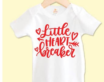 Little Heart Breaker Valentines Day baby bodysuit/one piece with red graphic.