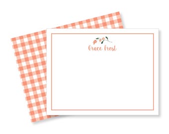 Peach Gingham Orange Blossom Notecards: Custom Monogrammed Stationery