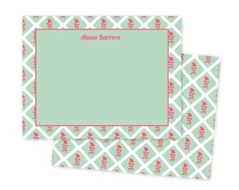 Custom Stationery Set, Gift for Mom, Pink and Green Stationery, Preppy Notepaper, Floral Note Cards, Gift Idea, Gift For Her, Baby Gift
