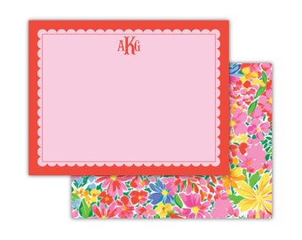 Scallop Border Floral Flat Notes, Stationery Set, Monogrammed Note Cards, Pink and Red Notecards, Custom Statonery Gift Idea, Gift for Her