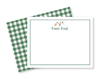 Green Gingham Orange Blossom Flat Notes | Custom Notecards | Monogrammed Notecards | Personalized Stationery, Traditional Stationery