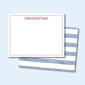 Set of  Custom, Personalized Blue White Watercolor Stripe Flat Notes | Custom Notecards |Kids Stationery | Gift for him | Gift for her