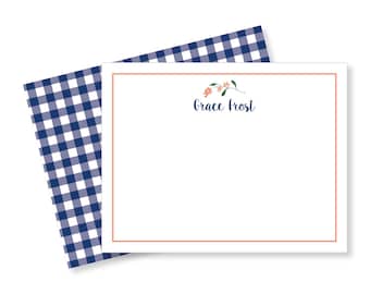 Navy Gingham Orange Blossom  Flat Notes | Custom Notecards | Monogrammed Notecards | Personalized Stationery