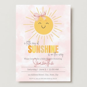 Sunshine Baby Shower Invitation | Boho Sunshine Shower | A Little Ray of Sunshine | Baby Girl Shower | Printable Editable Template