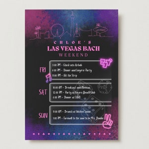 May include: A black and purple Las Vegas hen party itinerary with a neon pink design. The itinerary includes a list of activities for Friday, Saturday, and Sunday. The text includes "Chloe's Las Vegas Bach Weekend".