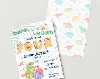 Pode incluir: Um convite de aniversário com tema de dinossauros com uma ilustração colorida de dinossauros e o texto "Stomp, Chomp, & Roar Jason faz QUATRO Domingo, 13 de maio 11:00 AM Endereço aqui Rua Cidade, Estado, CEP RSVP para Anne no (555) 555-5555".