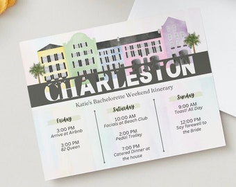 May include: A colorful illustrated card with a cityscape of Charleston, South Carolina. The card includes a bachelorette weekend itinerary with activities for Friday, Saturday, and Sunday. The text reads "Katie's Bachelorette Weekend Itinerary".