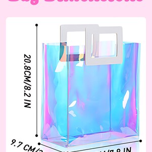 May include: A clear iridescent tote bag with a white handle. The bag measures 20.8 cm tall, 20 cm wide, and 9.7 cm deep.