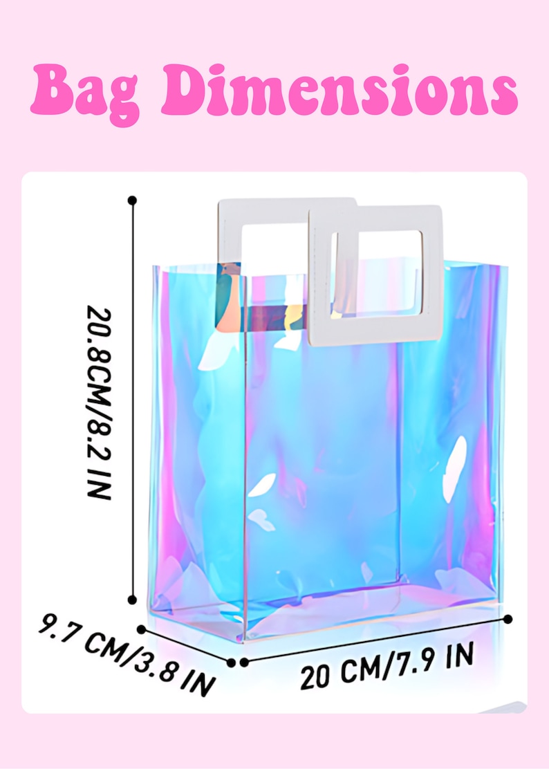 May include: A clear iridescent tote bag with a white handle. The bag measures 20.8 cm tall, 20 cm wide, and 9.7 cm deep.