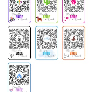 May include: Set of nine printable bridal shower game cards featuring a QR code, a symbol, and the text "Buy the Bride a Drink". The symbols include a fleur-de-lis, a cactus, a woman's hair, a deer, a cloud, a witch's hat, a pair of glasses, a castle, and balloons.