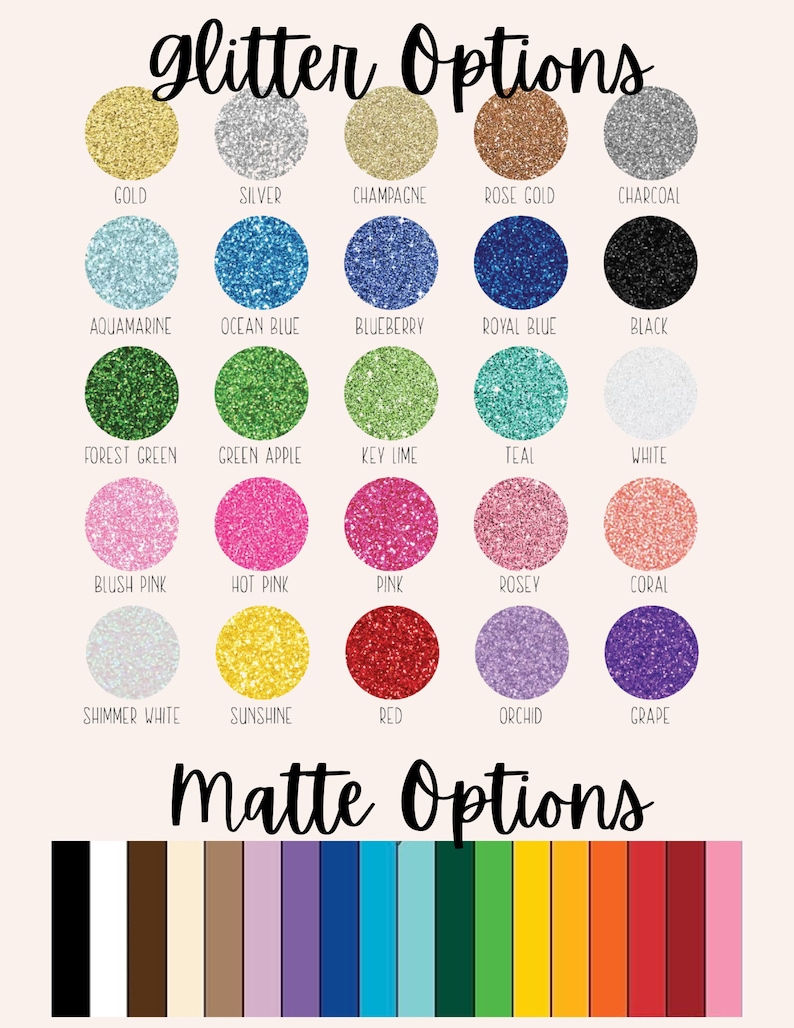 Pu&ograve; includere: Una tabella che mostra le opzioni di colore glitter e opaco per un progetto artigianale. Le opzioni glitter includono oro, argento, champagne, oro rosa, carbone, acquamarina, blu oceano, mirtillo, blu reale, nero, verde bosco, mela verde, lime, verde acqua, bianco, rosa tenue, rosa acceso, rosa, rosa chiaro, corallo, bianco scintillante, sole, rosso, orchidea e uva. Le opzioni opache includono nero, bianco, marrone, beige, viola chiaro, viola scuro, blu, verde, verde scuro, giallo, arancione, rosso e rosa.