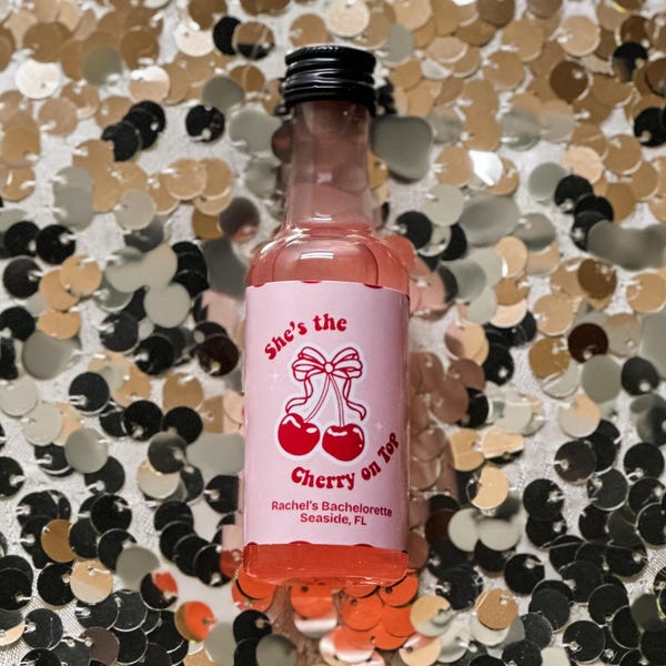 She’s the Cherry on Top Mini Bottle Labels, Cherry Bachelorette Party Favors, Custom Stickers, Bachelorette Party Favors & Decor, Engaged