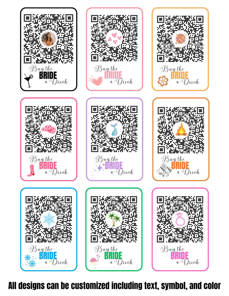 May include: Nine colourful square cards with QR codes and the text "Buy the Bride a Drink". Each card features a different symbol, including a cocktail glass, a heart, a flower, a cowboy boot, a mermaid, a campfire, a snowflake, a palm tree, and a ring.