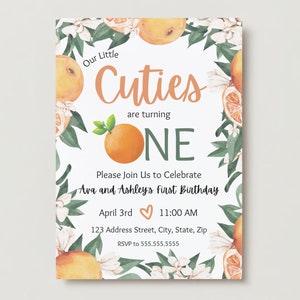 Cuties Twin 1st Birthday Invitation: Orange Citrus Theme (Canva Template)