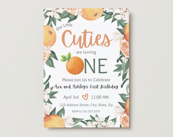 Cuties Twin 1st Birthday Invitation: Orange Citrus Theme (Canva Template)