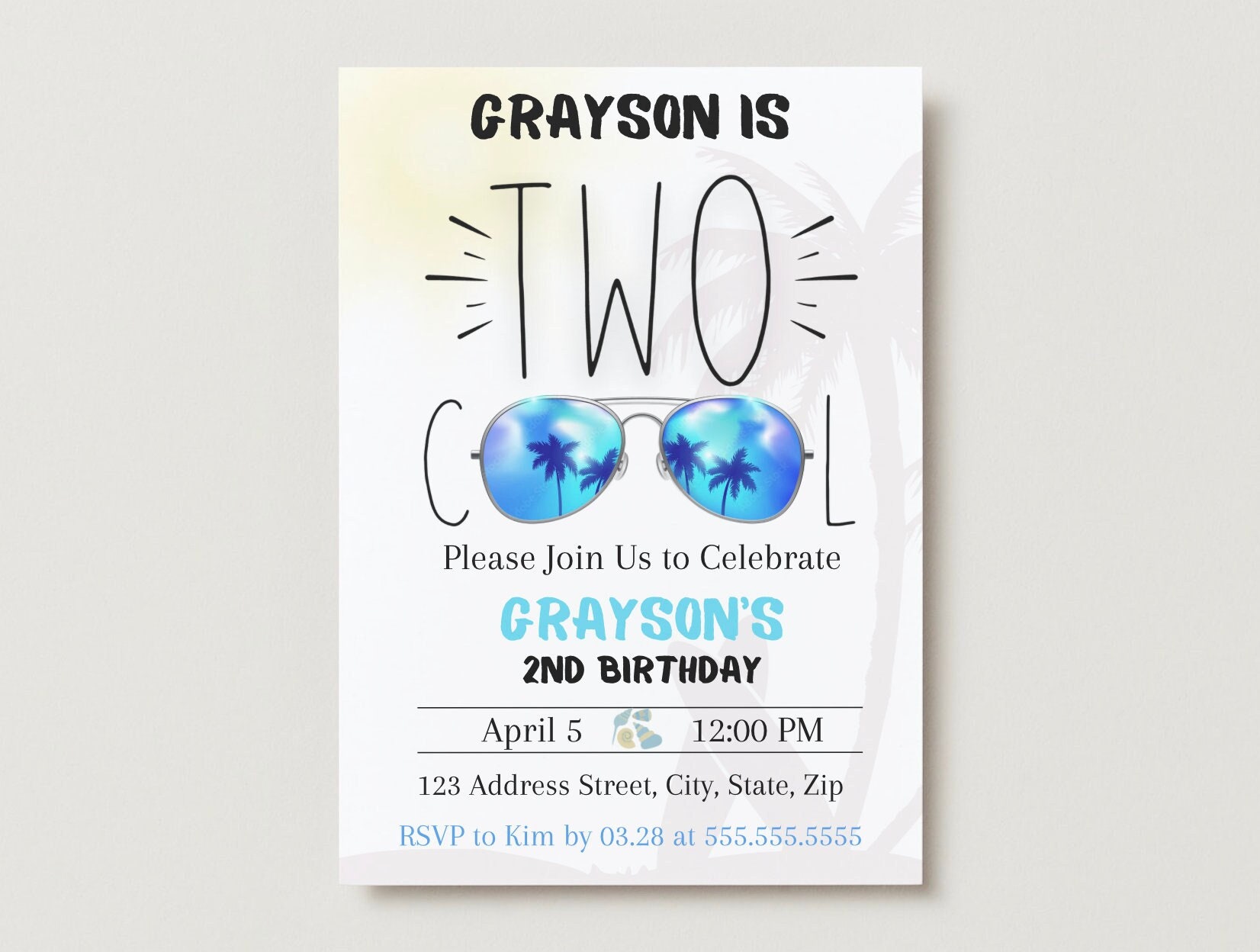 Two Cool Birthday Invitation | Boy 2nd Birthday | Beach Vibes | Surfer Birthday | Party Favor and Invitations | Digital Invite | Sunglasses