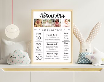 May include: A black and white printable poster with a photo collage of a baby girl and a list of her first year milestones. The poster includes her name, Alexandra, weight, height, favourite books, favourite food, favourite songs, and what she can do and say.