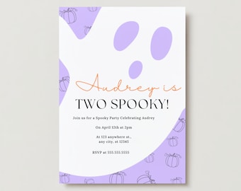 May include: A Halloween party invitation with a white background and a light purple ghost design. The text "Audrey is TWO SPOOKY!" is in orange and black. The invitation includes party details and an RSVP phone number.