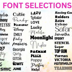 May include: A colourful chart with a list of font names in black text. The font names include Angelina, Anthony, Ashlynn, Audrey, Barbara, bayer, Berkshire, Bluey, Brittany, Chloe, Cola, Cosmic, Cutie, Darby, Dinosaur, Disney, Emily, Finley, Friends, Georgia, Girly, Gotcha, Groovy, June, Lazy, Lobster, LOVE, Lucky, Malibu, Moonlight, Myles, PACMAN, Peach, Poppy, Preston, Rachel, Racing Car, Raiders, Retro, Rylyne, Safari, Samantha, Spooky, STENCIL, Sugar, TOP GUN, Turtles, Victoria, Watermelon, and Yearbook.