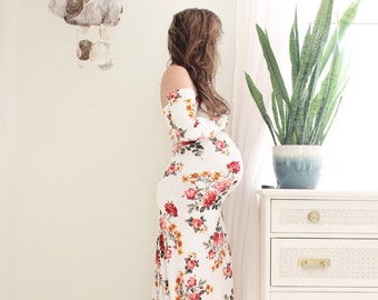 Long sleeve maternity dress baby shower dress maternity gown -floral with train